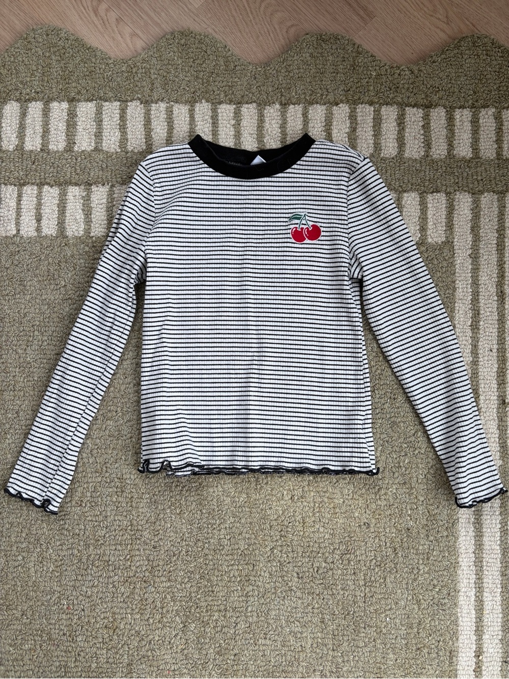 Old Navy Black & White Striped Long Sleeve Top with Cherry Patch